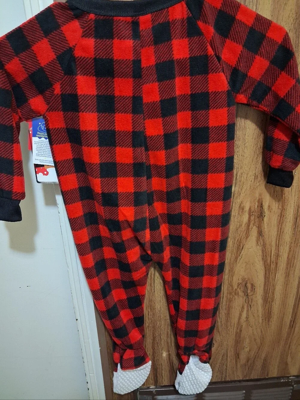 Kids Red and Black Buffalo Plaid Santa One-Piece Pajamas